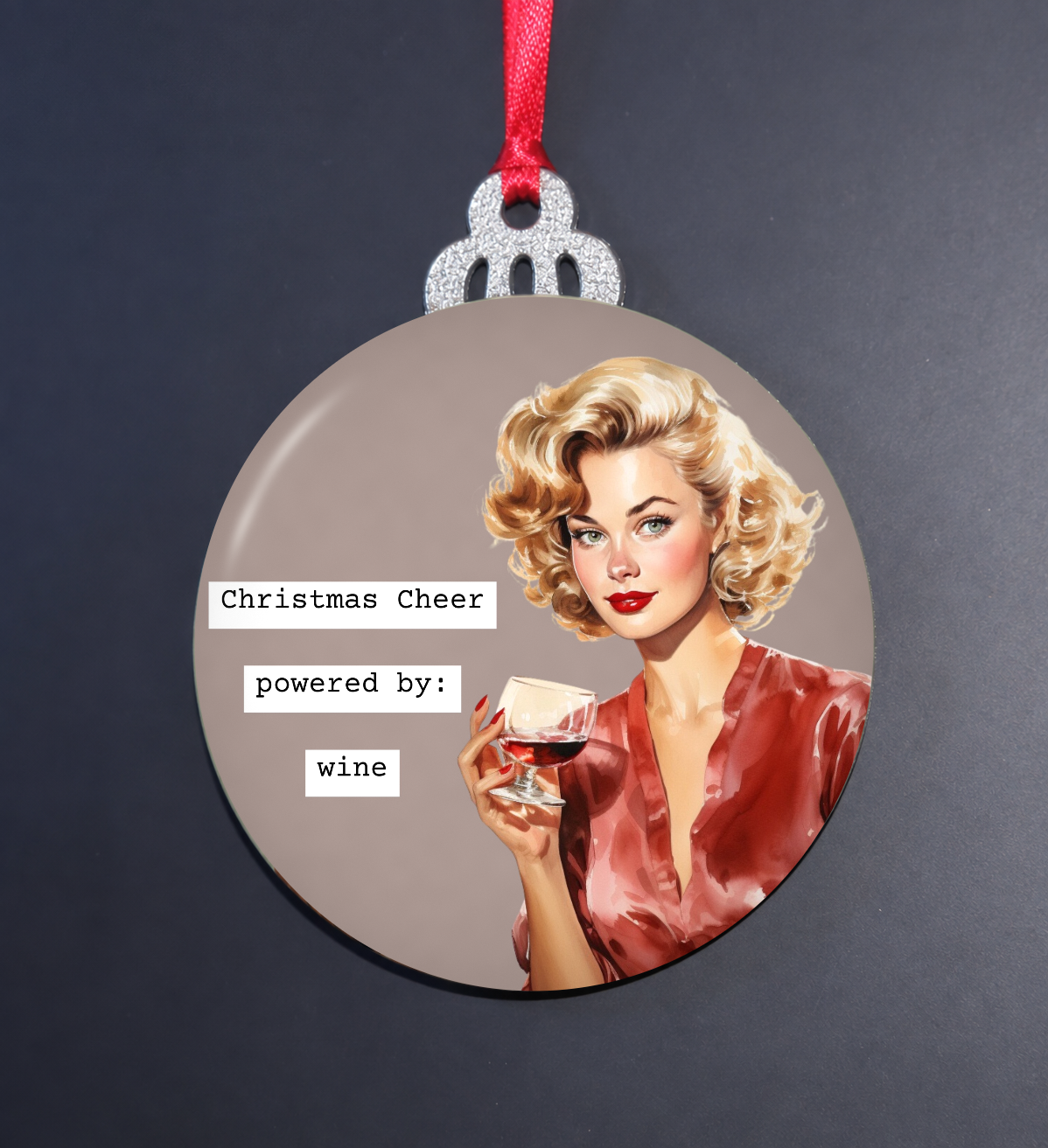Christmas Cheer Powered by Wine Retro Ornament
