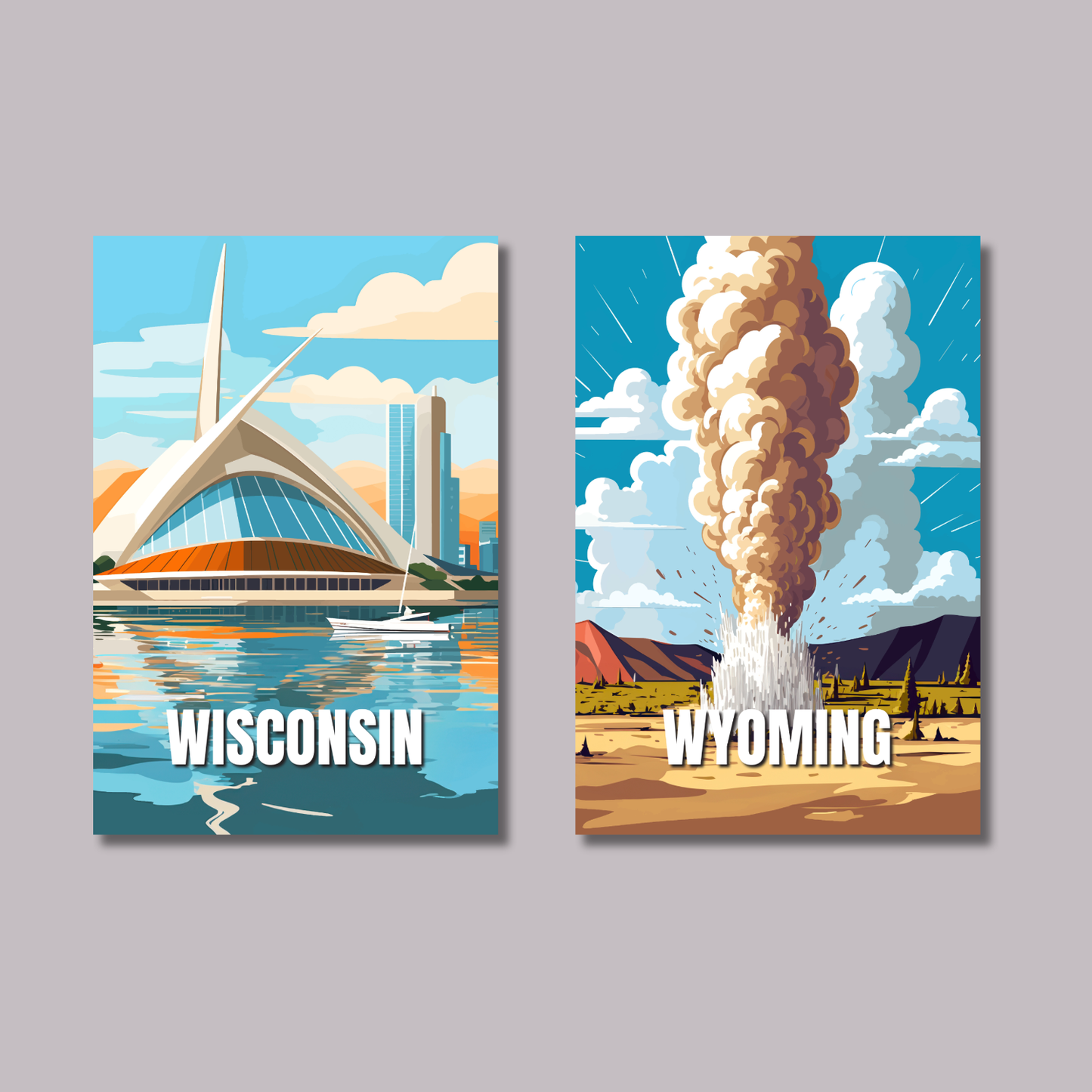 Two illustrated posters of Wisconsin and Wyoming on a gray background