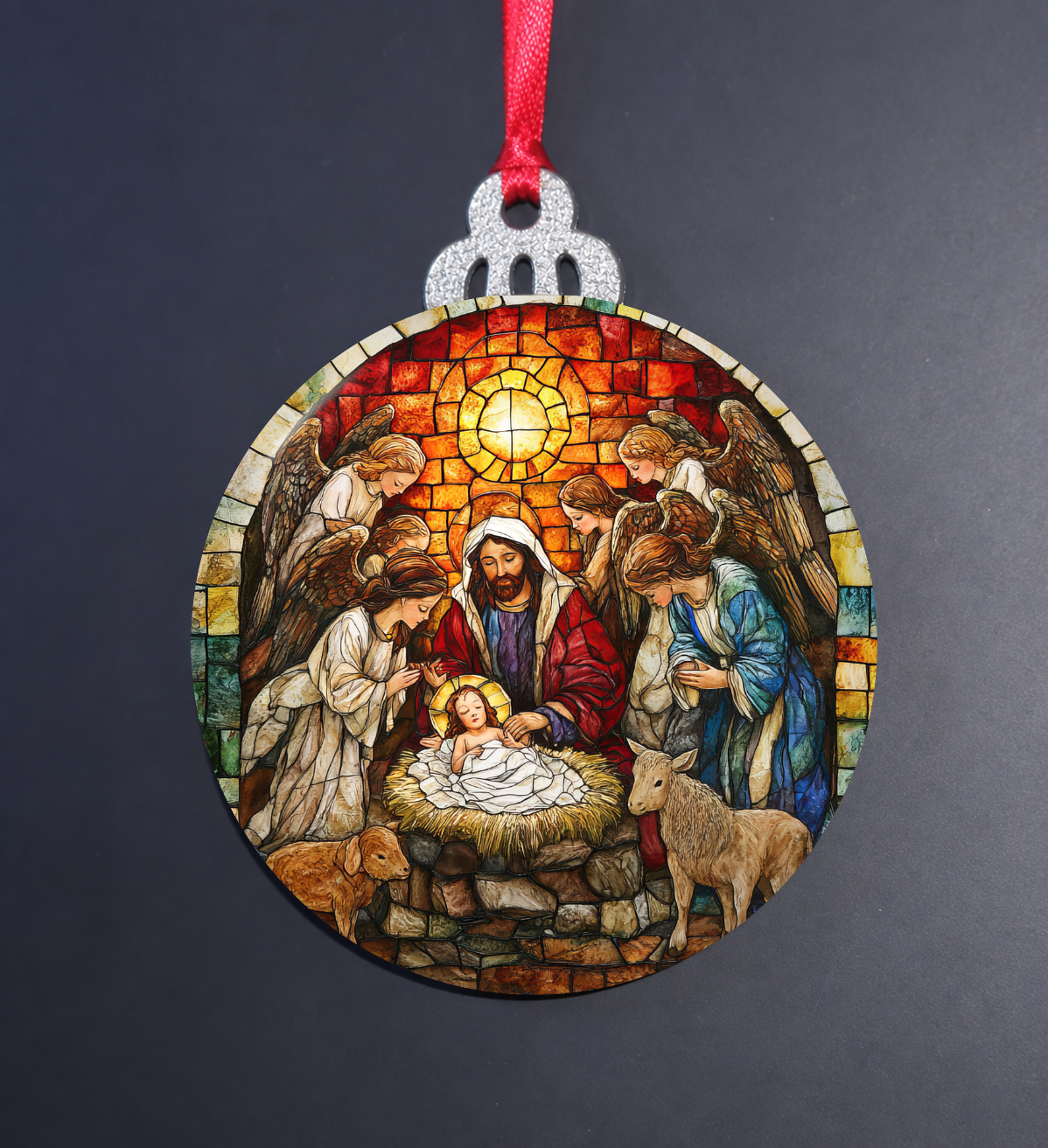 Stained Glass Nativity Wooden Christmas Ornament
