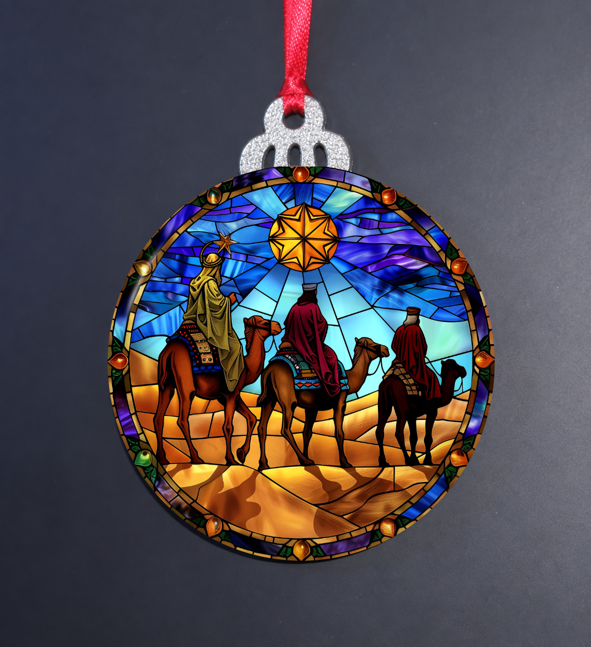 Stained Glass Three Wise Men Wooden Christmas Ornament