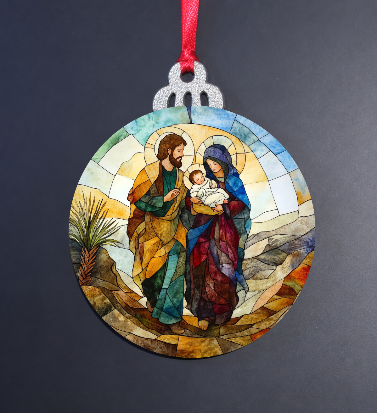 Stained Glass Holy Family Journey Wooden Christmas Ornament