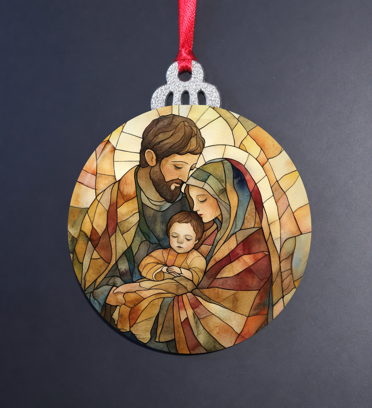 Stained Glass Holy Family Wooden Christmas Ornament
