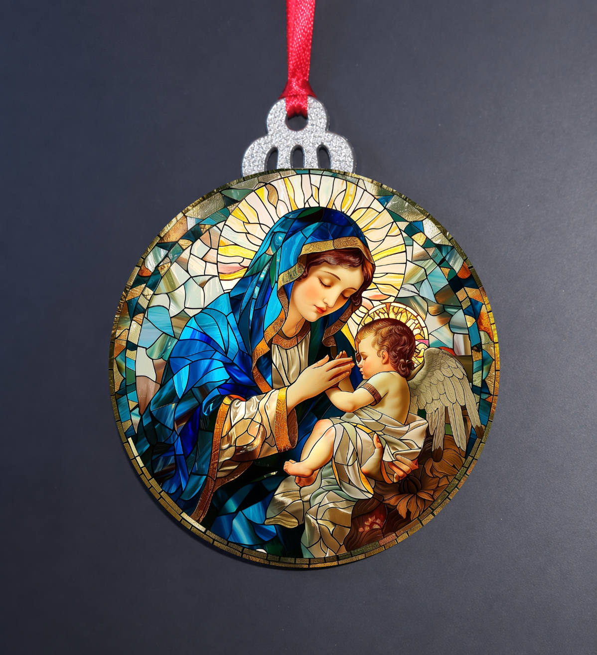Stained Glass Madonna and Child Wooden Christmas Ornament