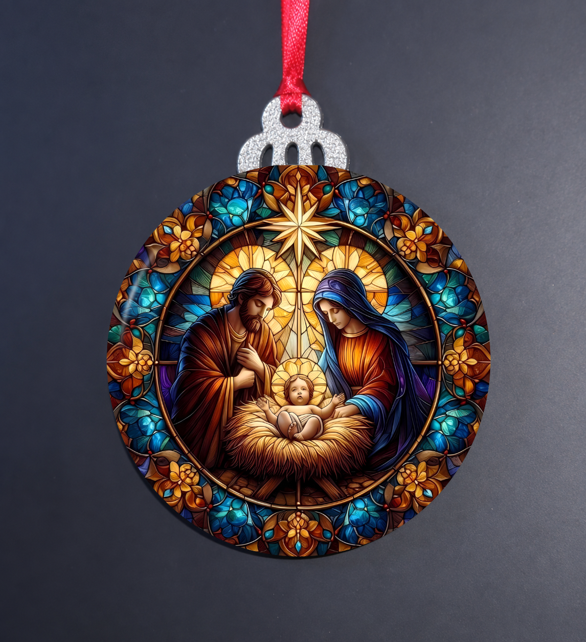 Stained Glass Holy Family Nativity Wooden Christmas Ornament