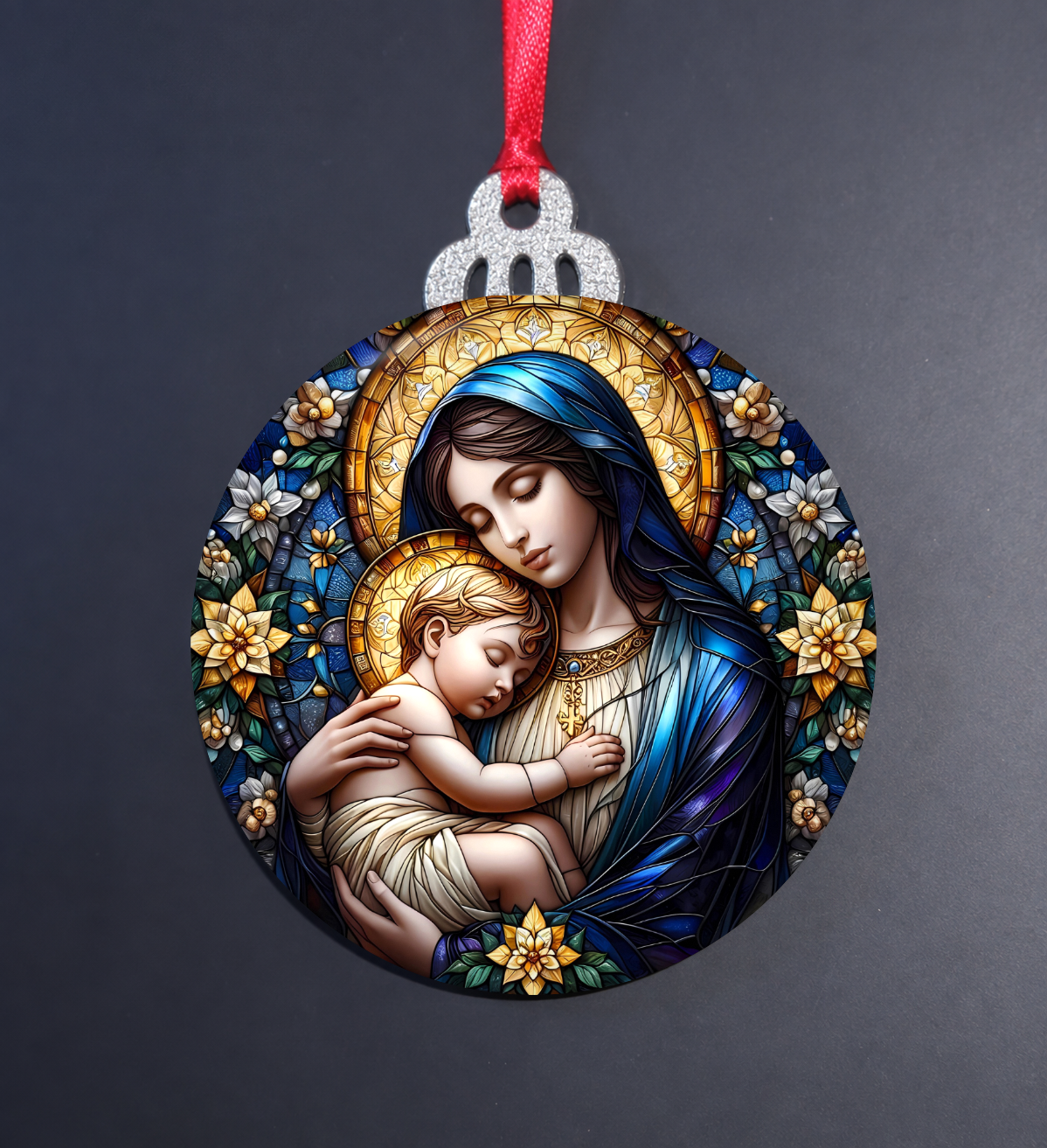 Stained Glass Mary and Child Wooden Christmas Ornament