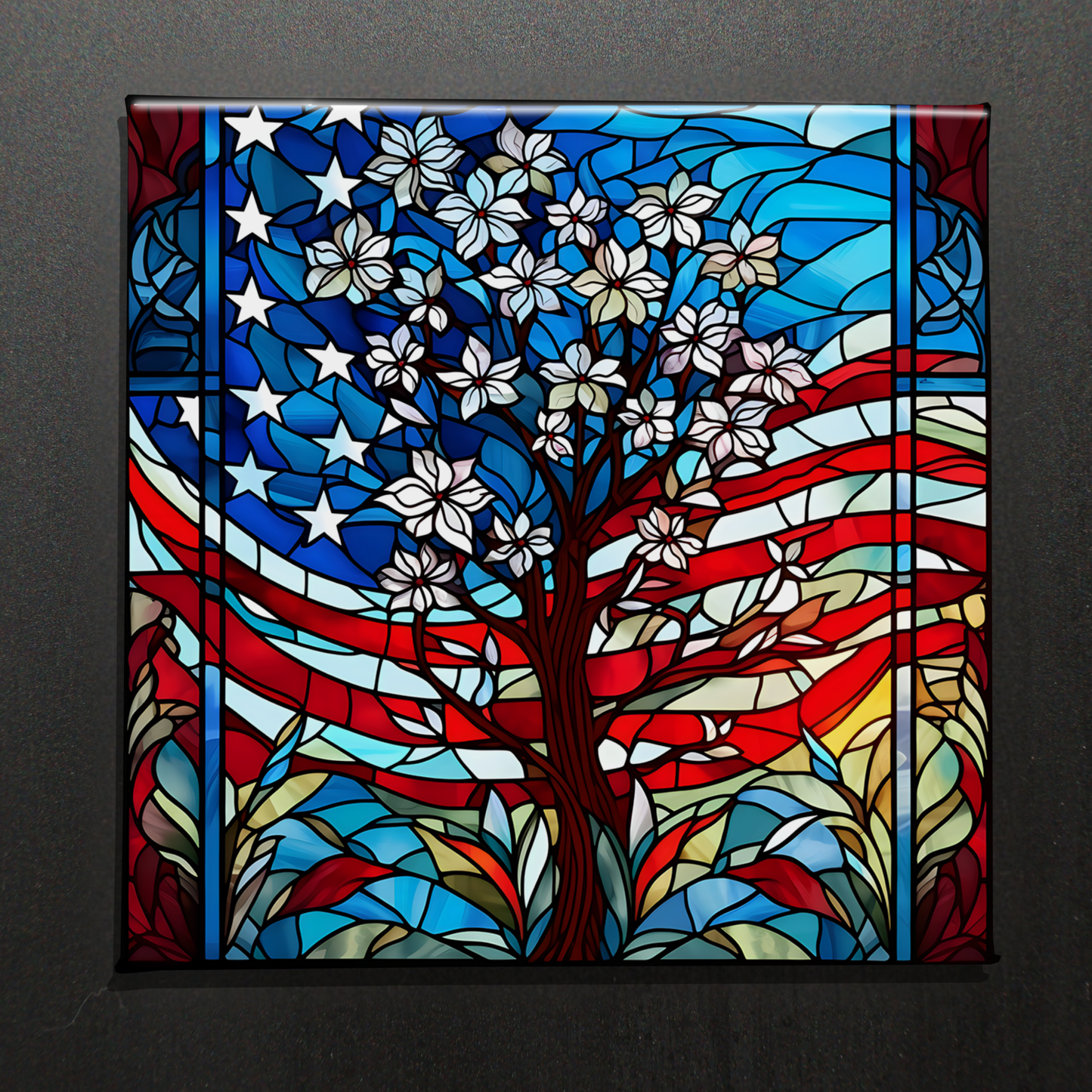 STAINED GLASS AMERICAN FLAG W/ TREE - 2.5” MAGNET