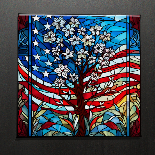 STAINED GLASS AMERICAN FLAG W/ TREE - 2.5” MAGNET