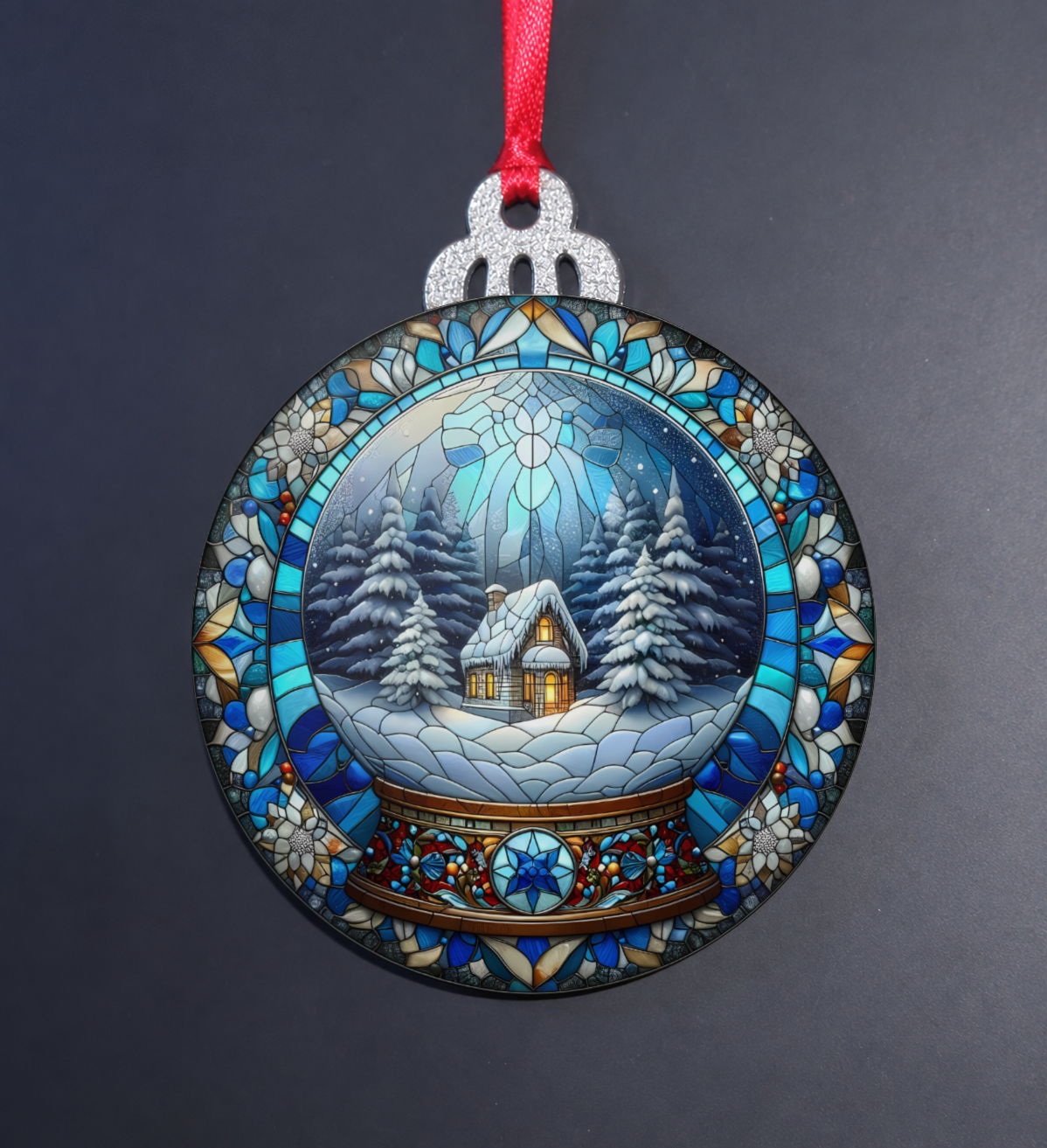 Winter Cabin Snow Globe Stained Glass Clearance Ornament
