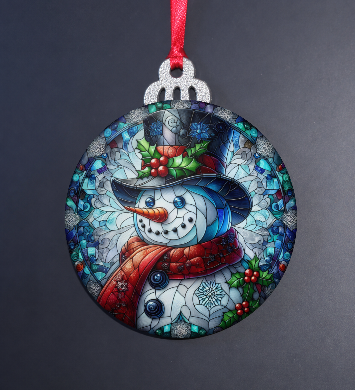Holly Snowman Stained Glass Clearance Ornament