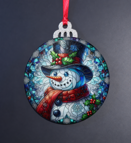 Holly Snowman Stained Glass Clearance Ornament