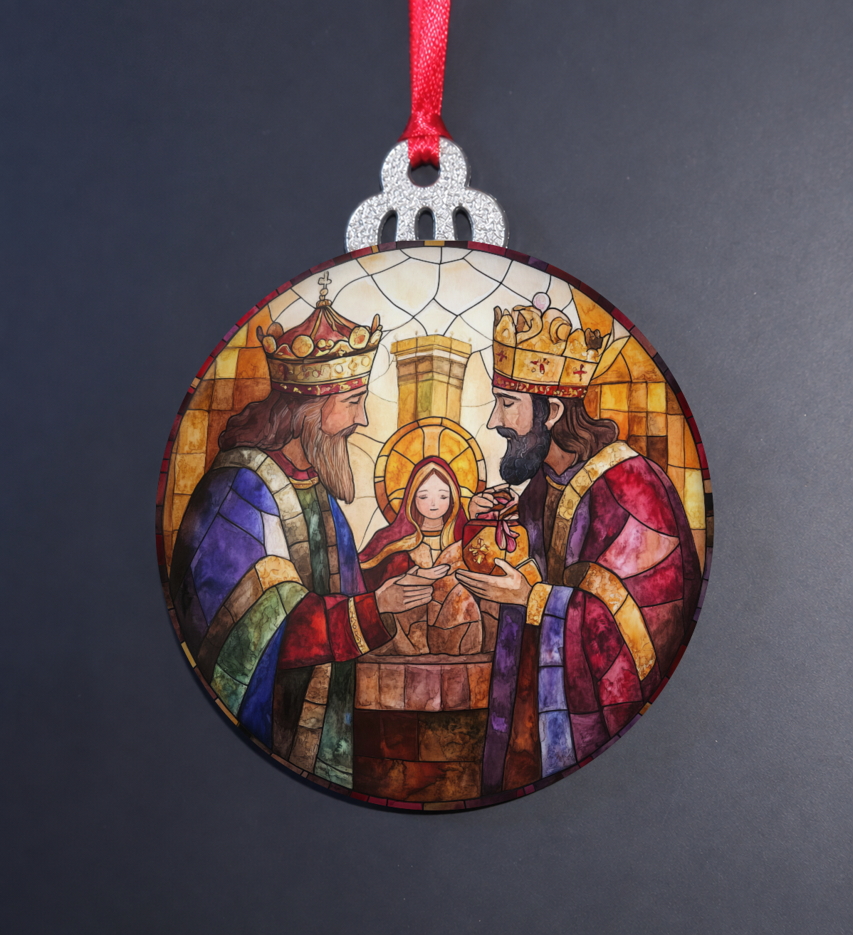 Stained Glass Adoration of the Magi Wooden Christmas Ornament