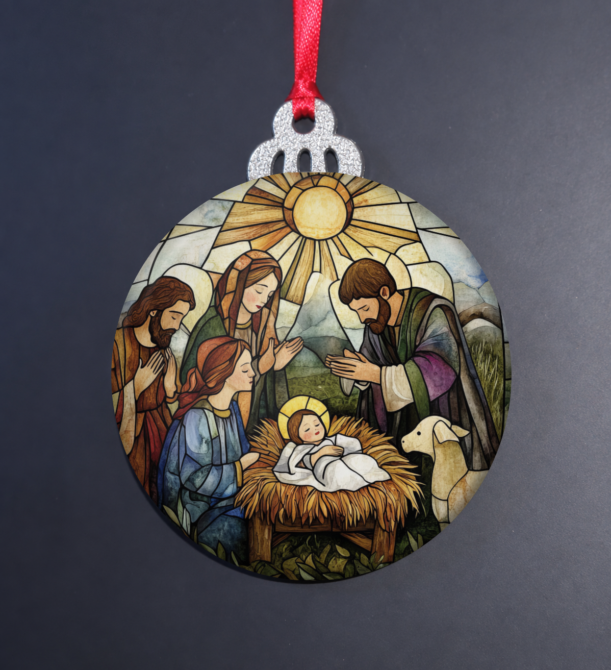 Stained Glass Nativity Gathering Wooden Christmas Ornament