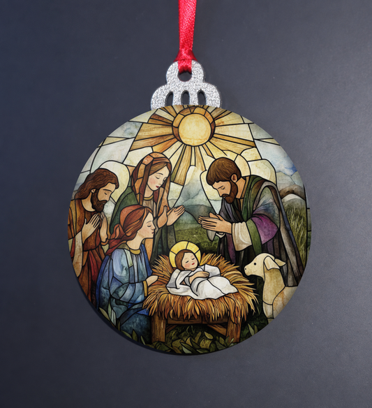 Stained Glass Nativity Gathering Wooden Christmas Ornament