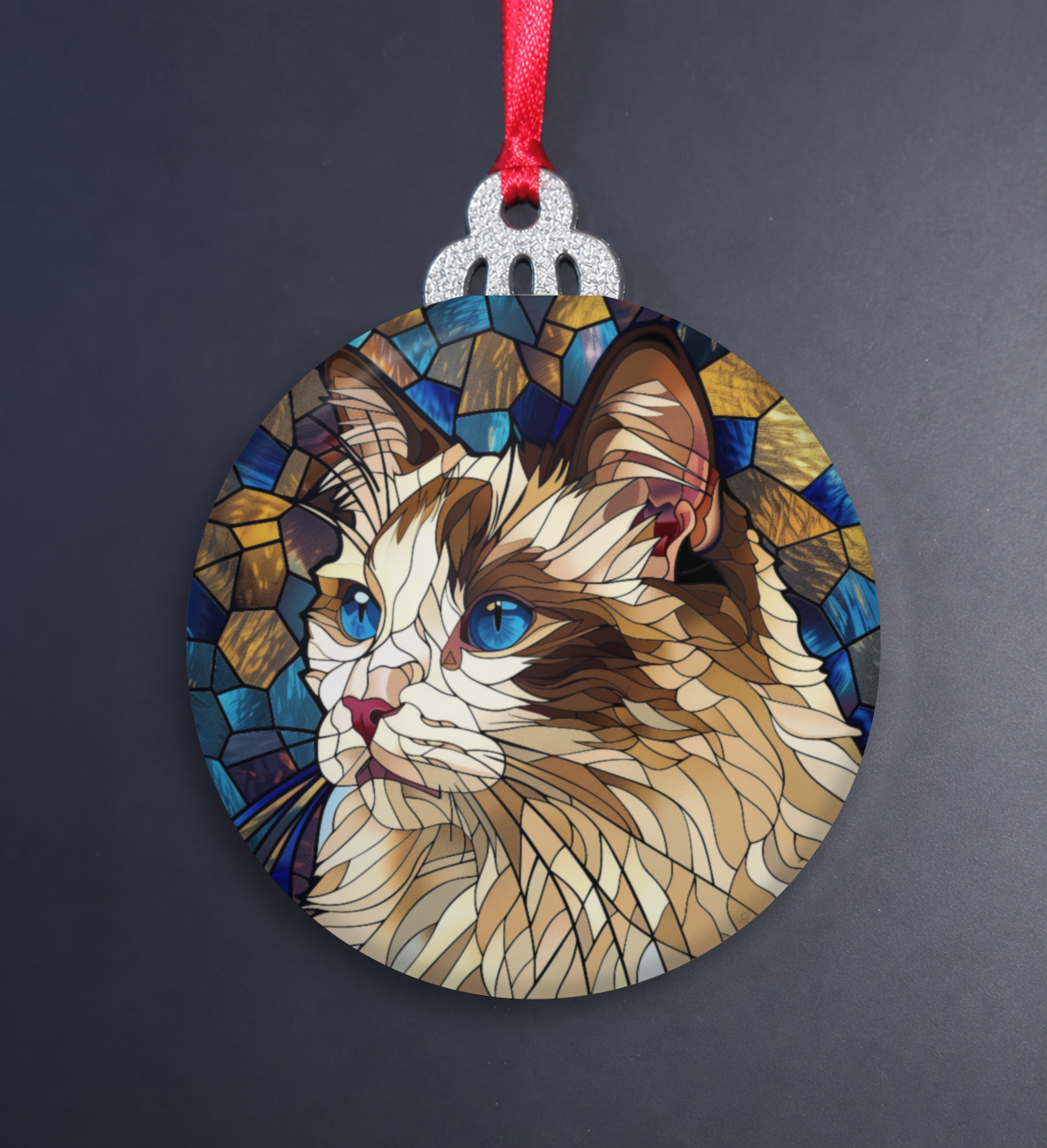 Stained Glass Maine Coon Wooden Christmas Ornament