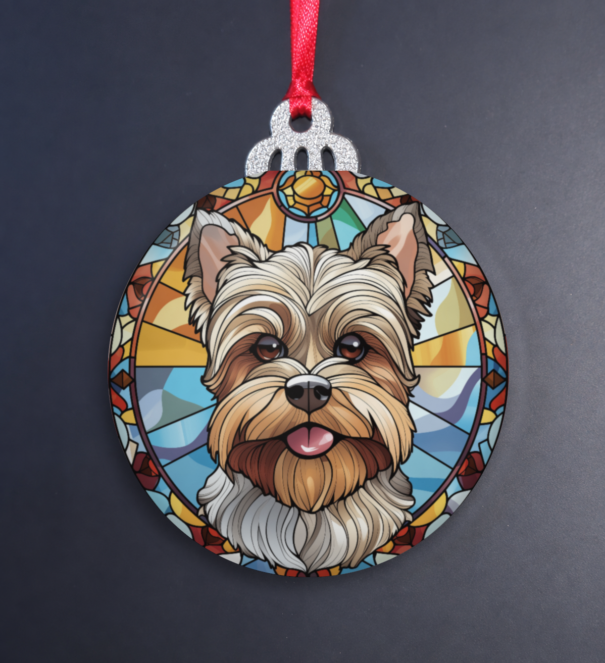 Stained Glass Yorkshire Terrier Wooden Christmas Ornament
