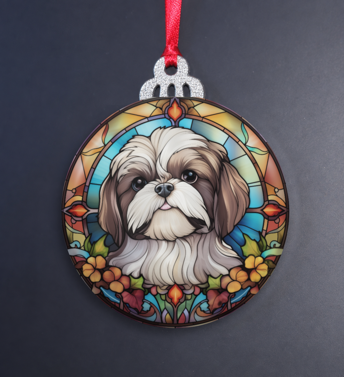 Stained Glass Shih Tzu Wooden Christmas Ornament