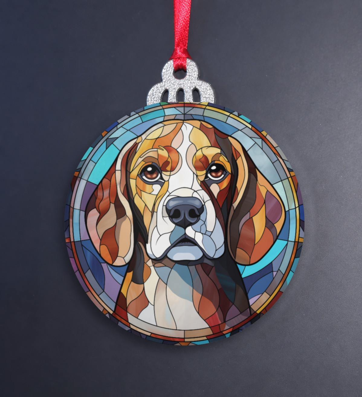 Stained Glass Beagle Wooden Christmas Ornament