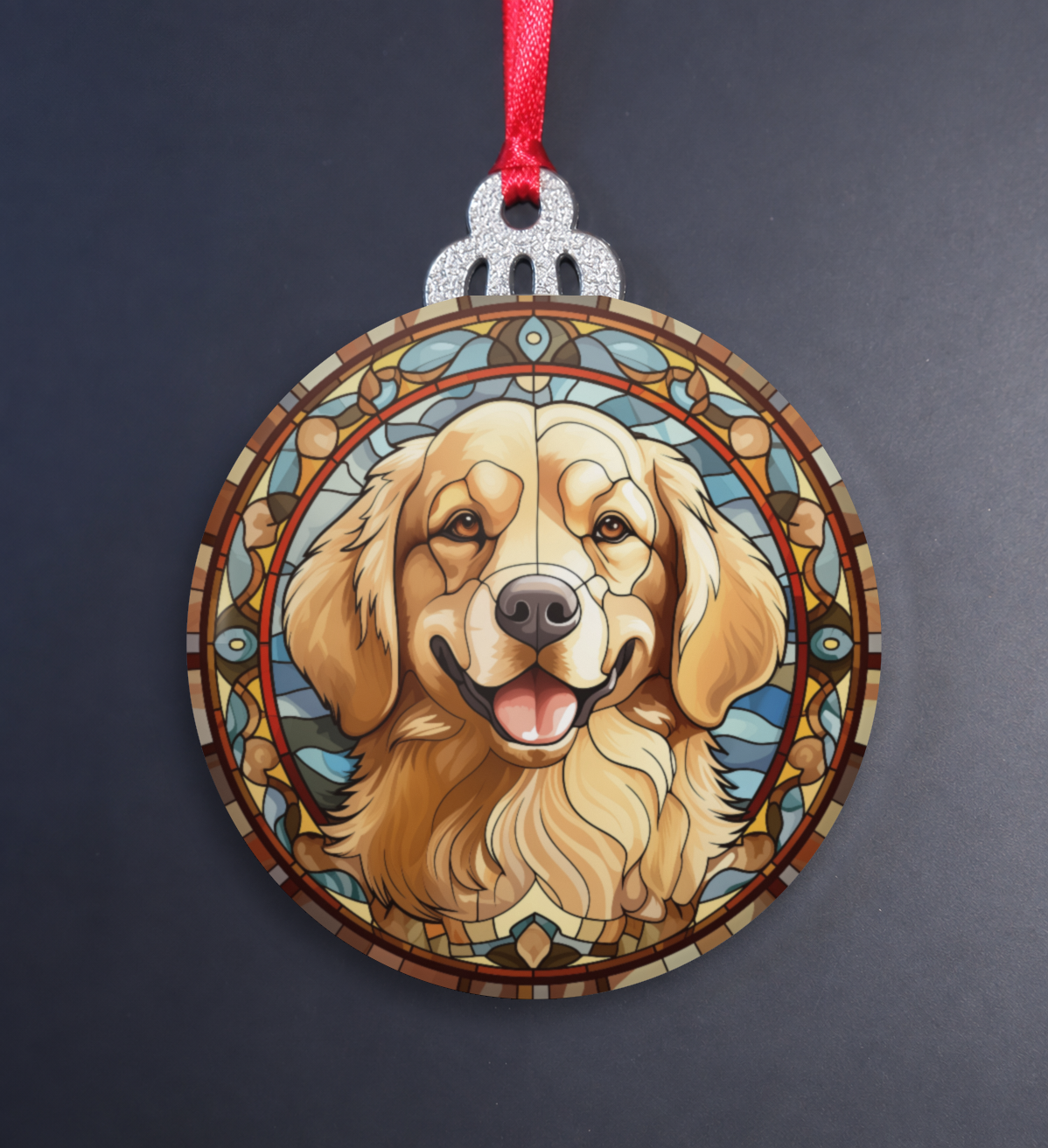 Stained Glass Golden Retreiver Wooden Christmas Ornament