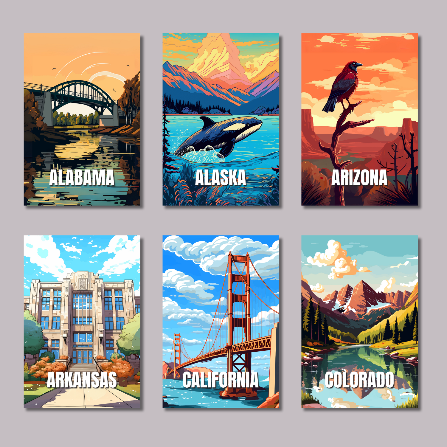 Set of six posters featuring landscapes and landmarks of Alabama, Alaska, Arizona, Arkansas, California, and Colorado.