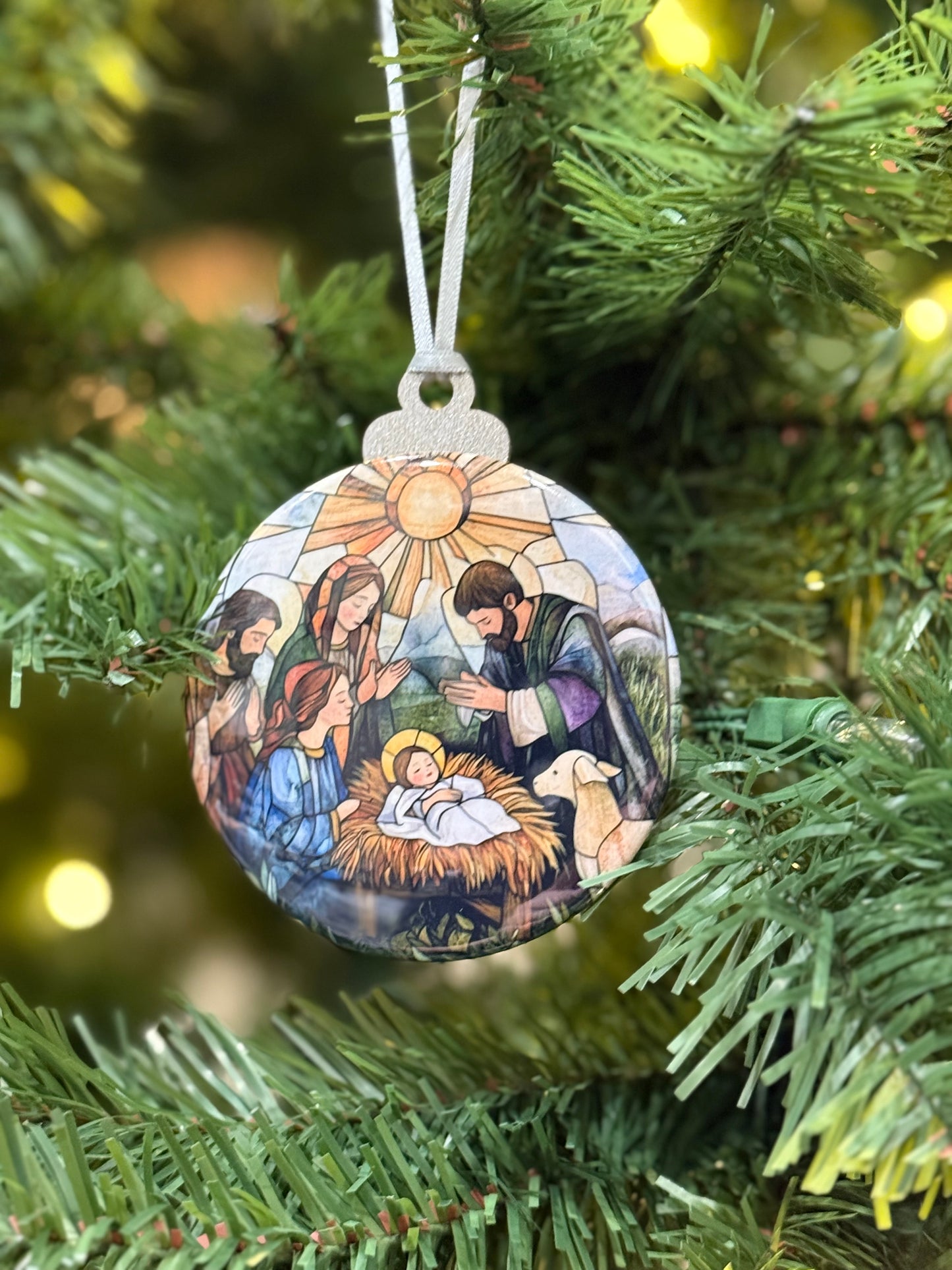 Holy Family and the Manger Stained Glass Ornament H