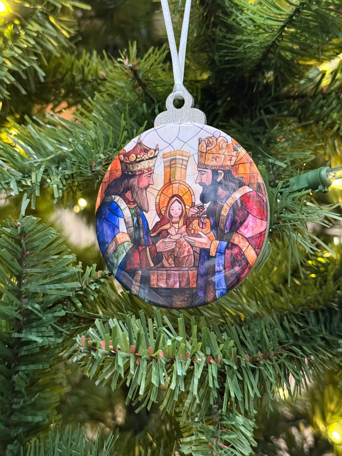 Stained Glass Adoration of the Magi Wooden Christmas Ornament