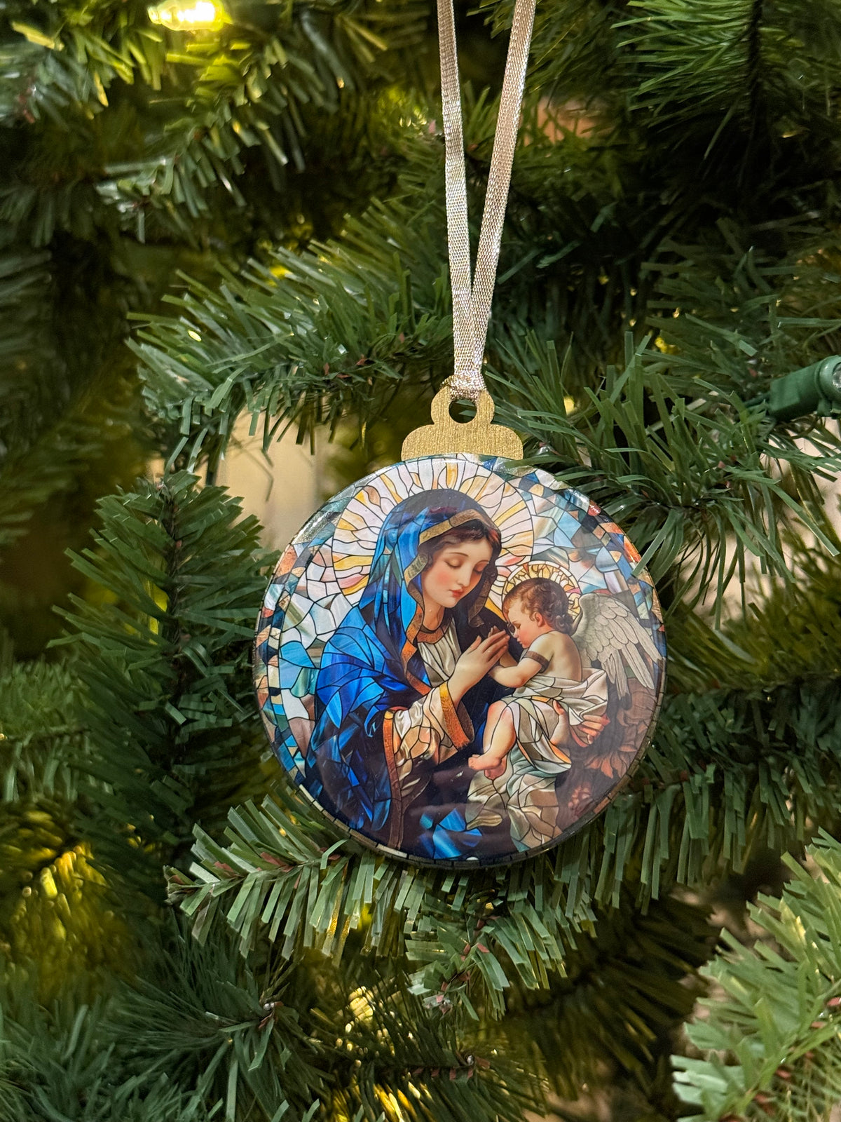 Stained Glass Madonna and Child Wooden Christmas Ornament