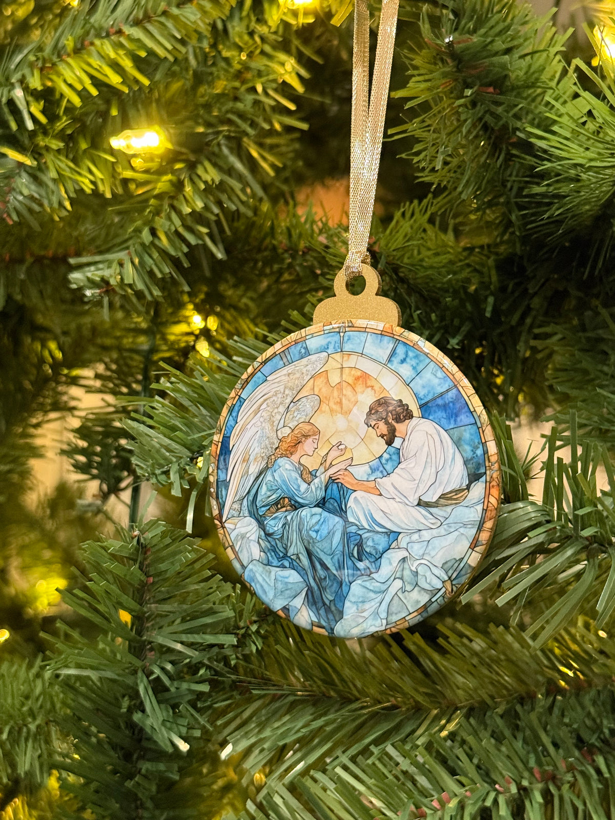Stained Glass Angel and Christ Wooden Christmas Ornament