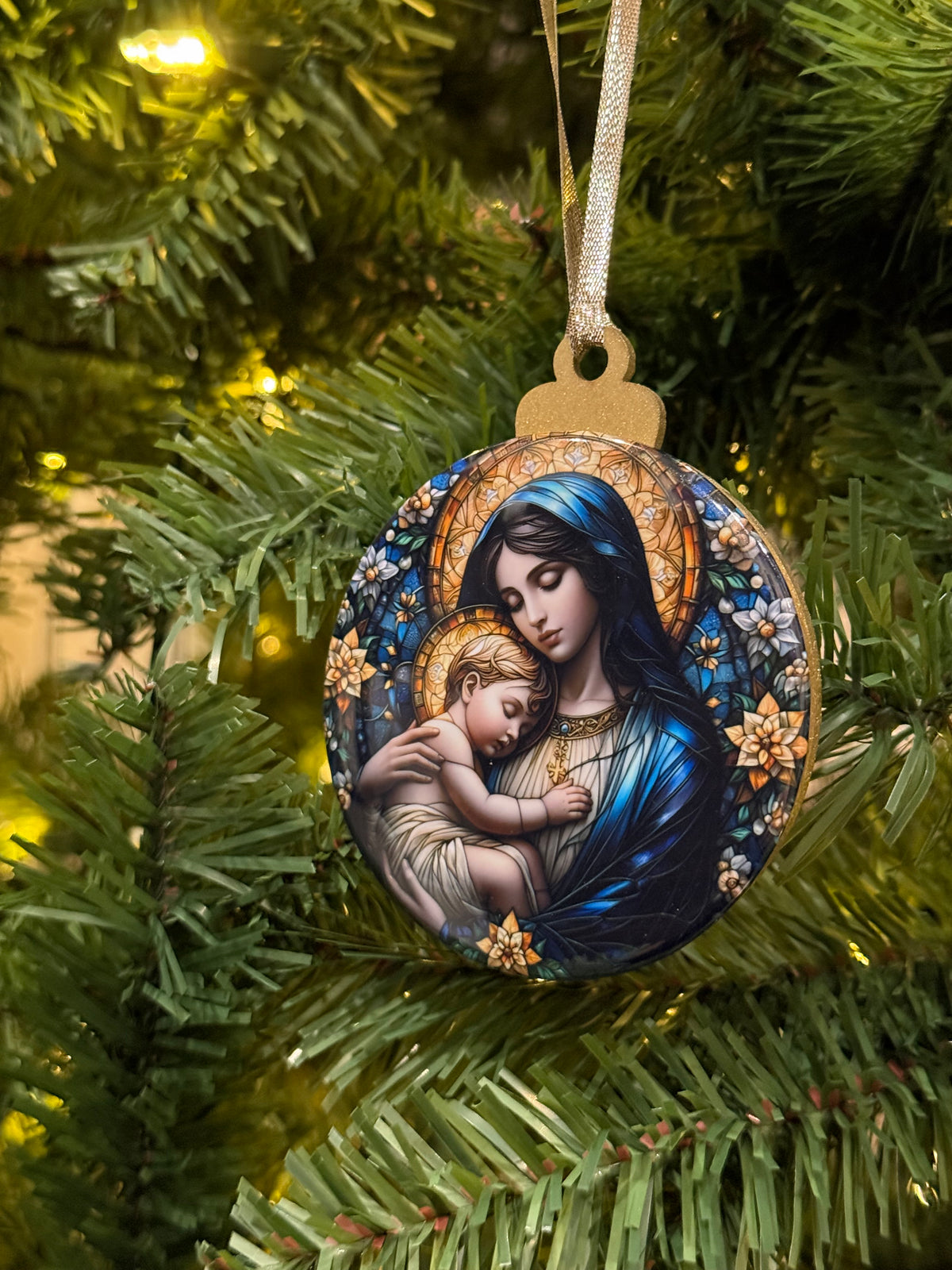 Stained Glass Mary and Child Wooden Christmas Ornament