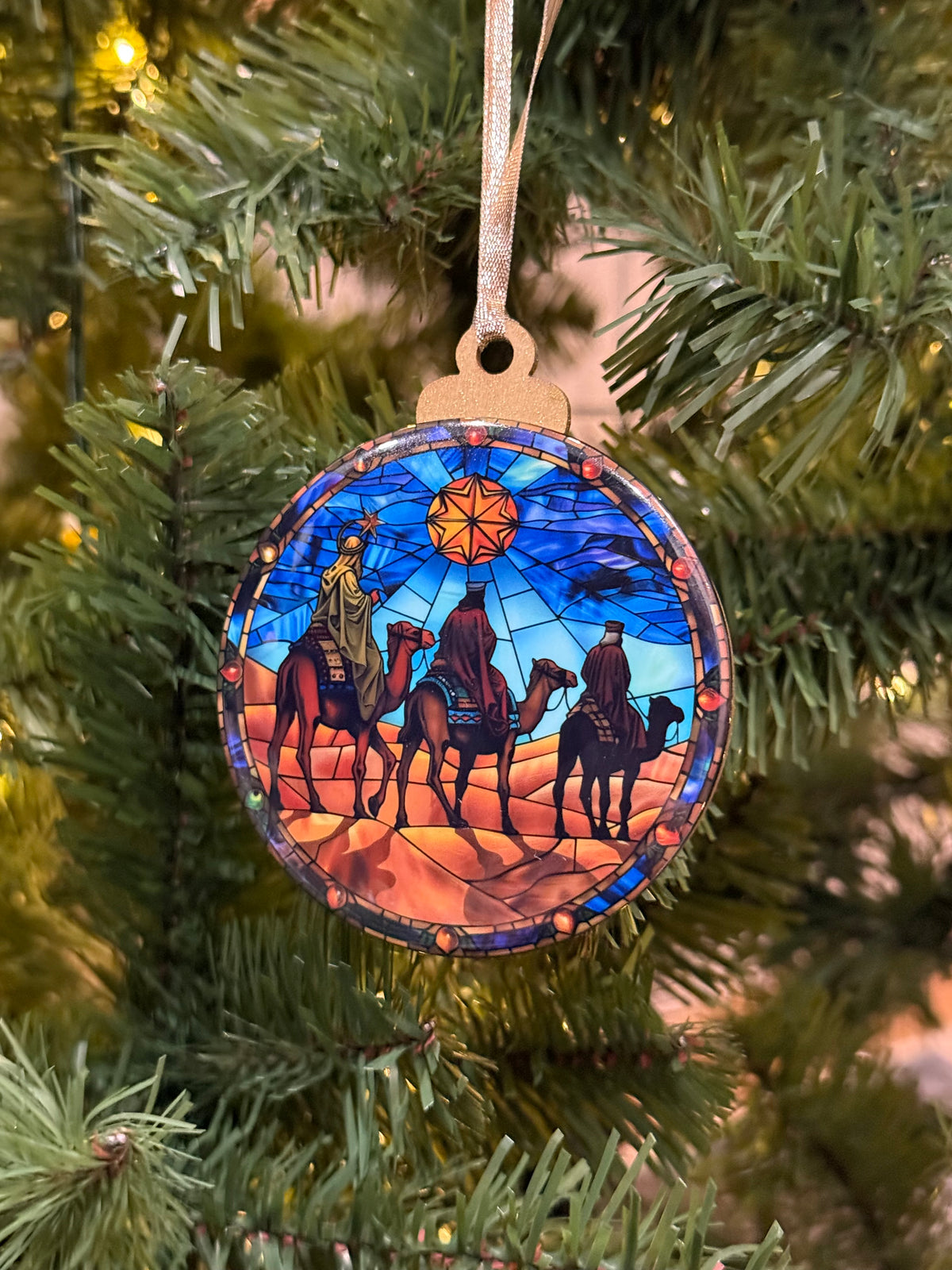 Stained Glass Three Wise Men Wooden Christmas Ornament