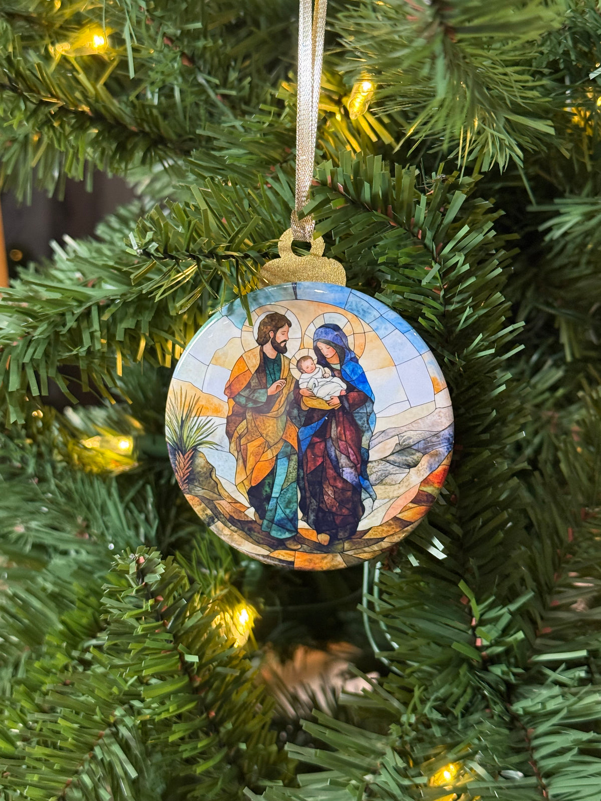 Stained Glass Holy Family Journey Wooden Christmas Ornament