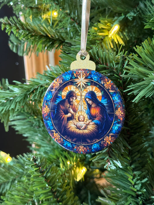 Holy Family Stained Glass Ornament with Border O