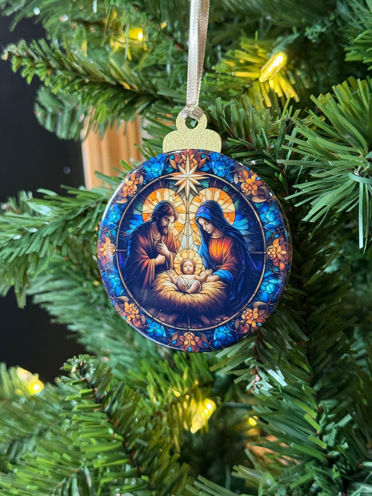 Stained Glass Holy Family Nativity Wooden Christmas Ornament