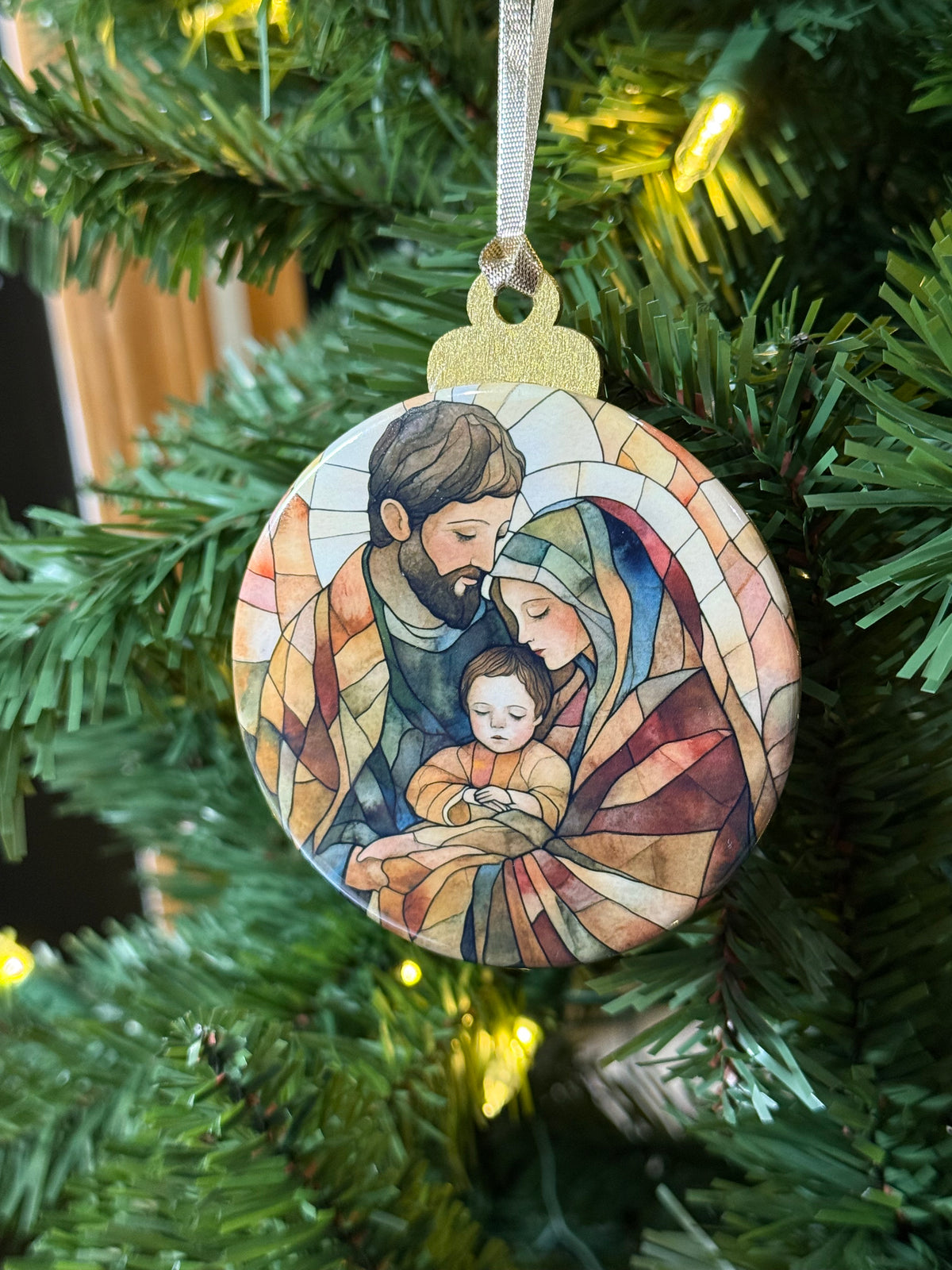 Stained Glass Holy Family Wooden Christmas Ornament