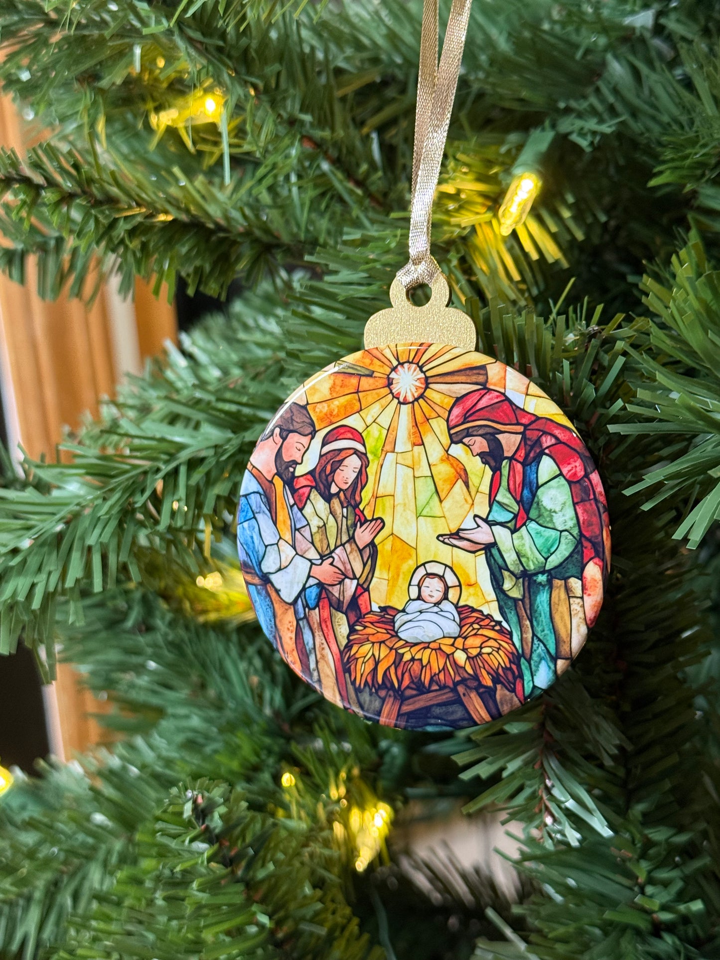 Visitor with Holy Family Stained Glass Ornament I