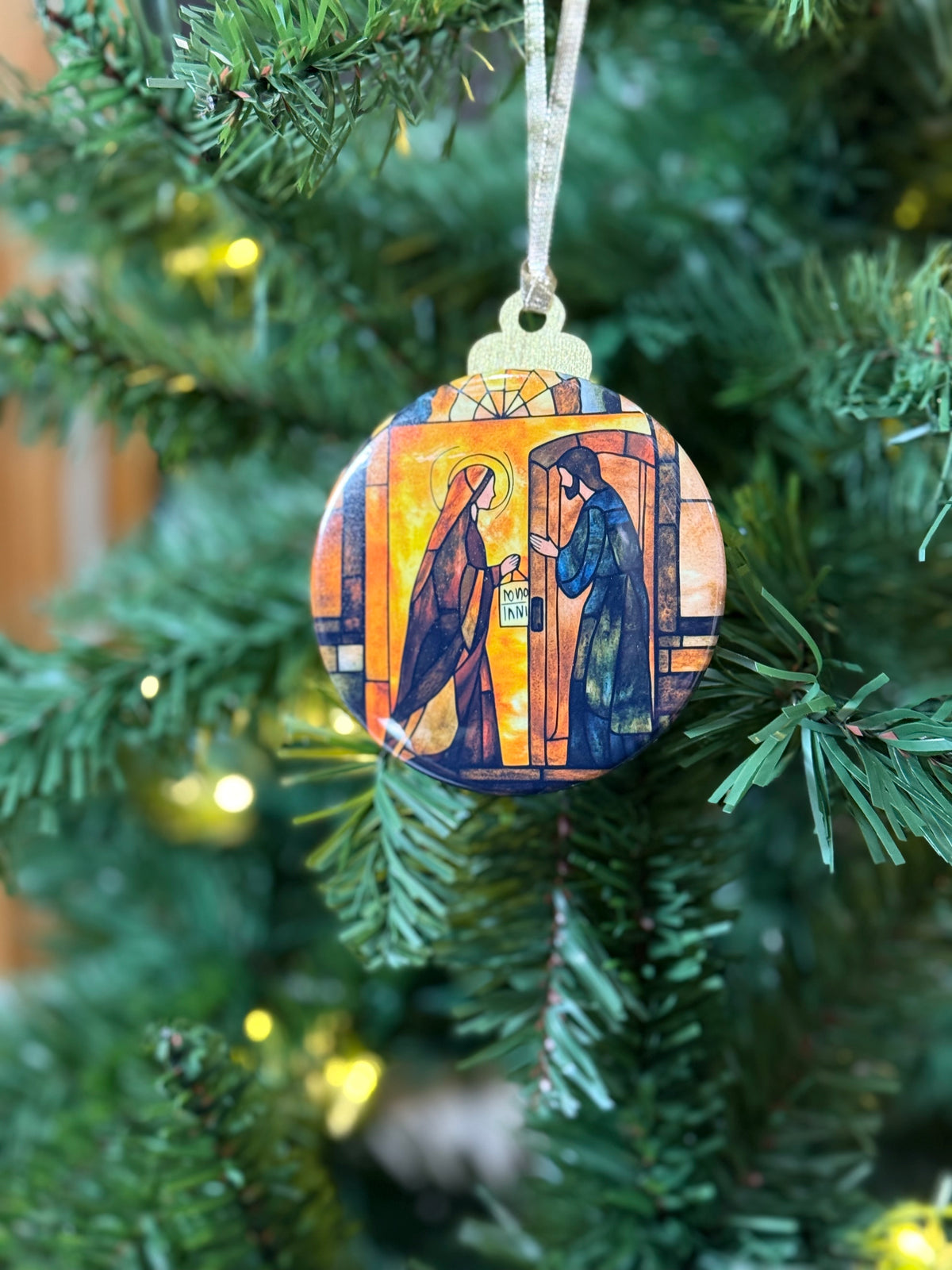 Stained Glass No Room at the Inn Wooden Christmas Ornament