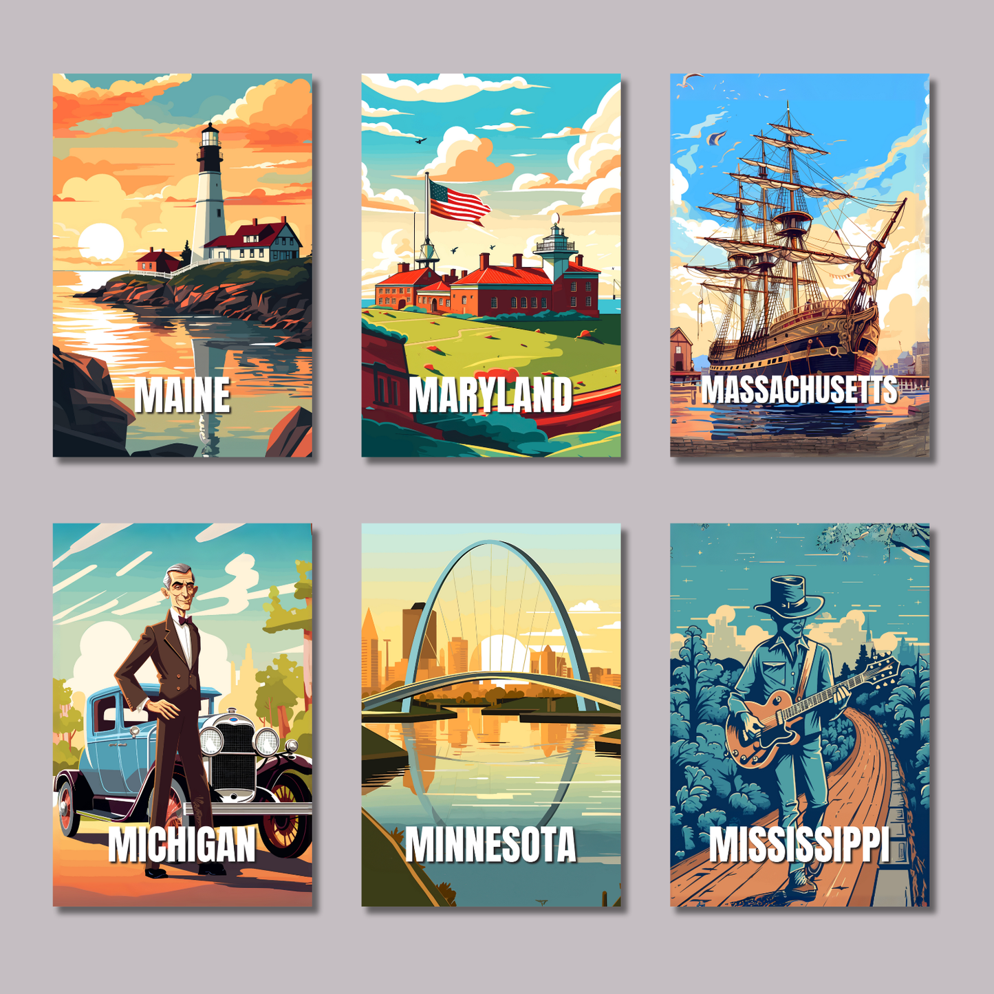 Set of six colorful posters each featuring a different U.S. state with scenic and themed illustrations.
