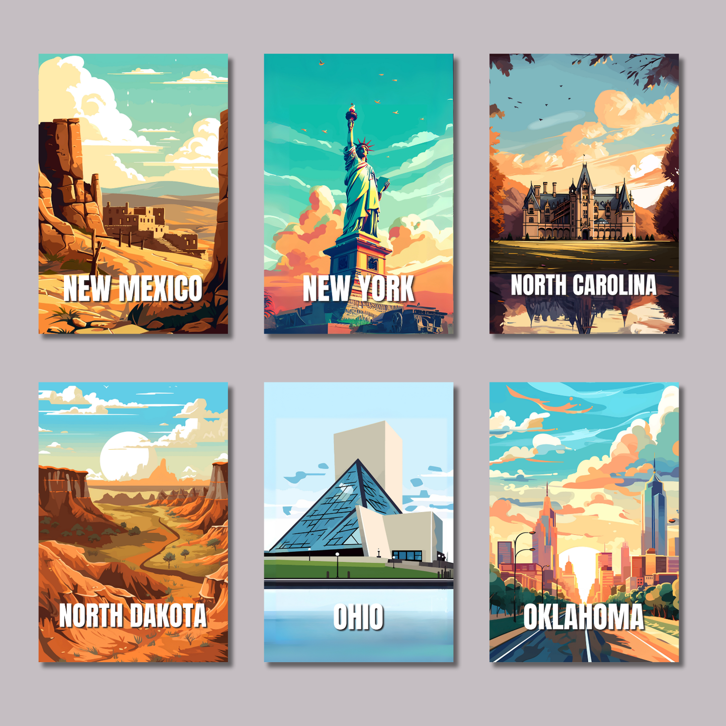 Set of six posters featuring iconic landmarks and landscapes of different states on a gray background.
