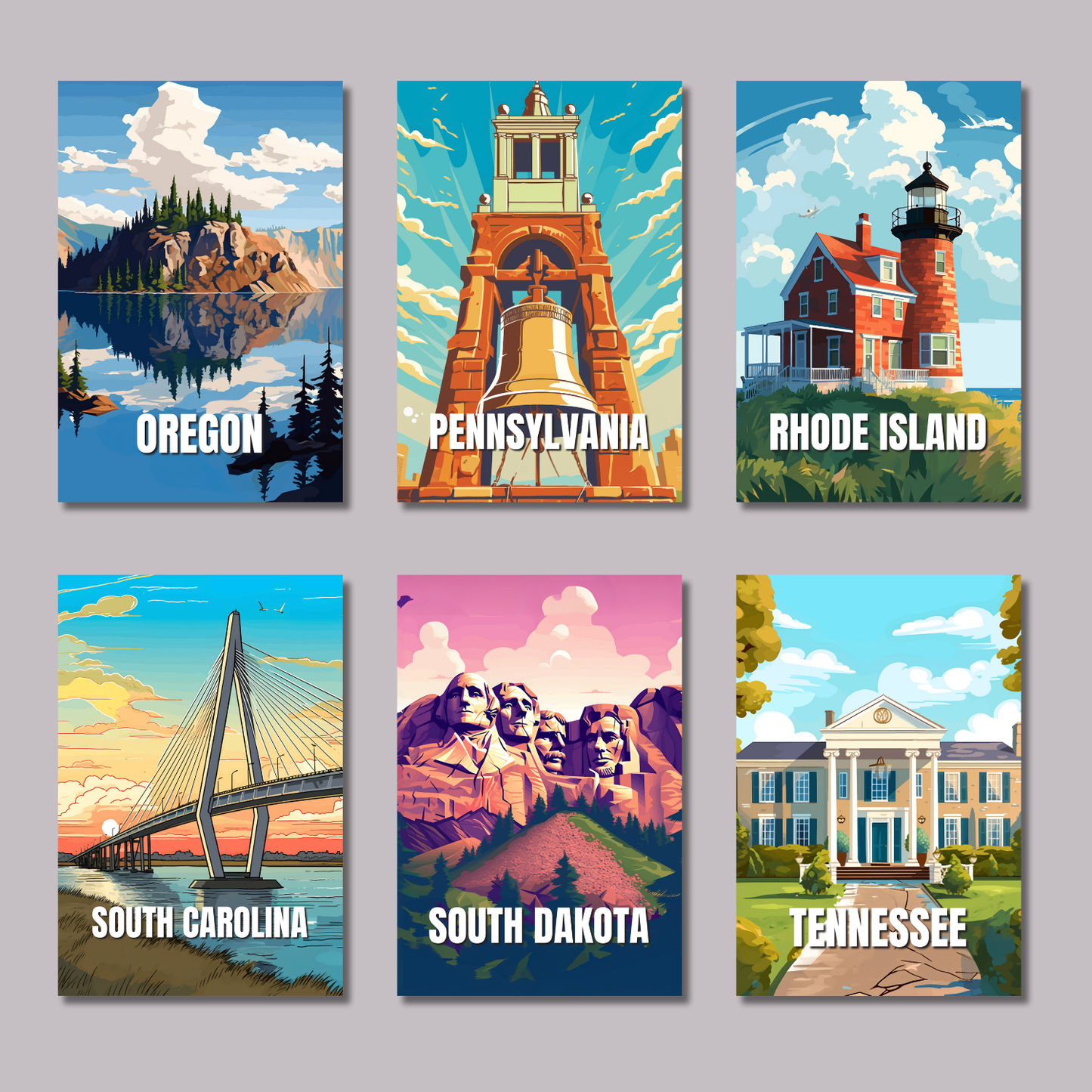 Set of six colorful posters featuring scenic views of different U.S. states.