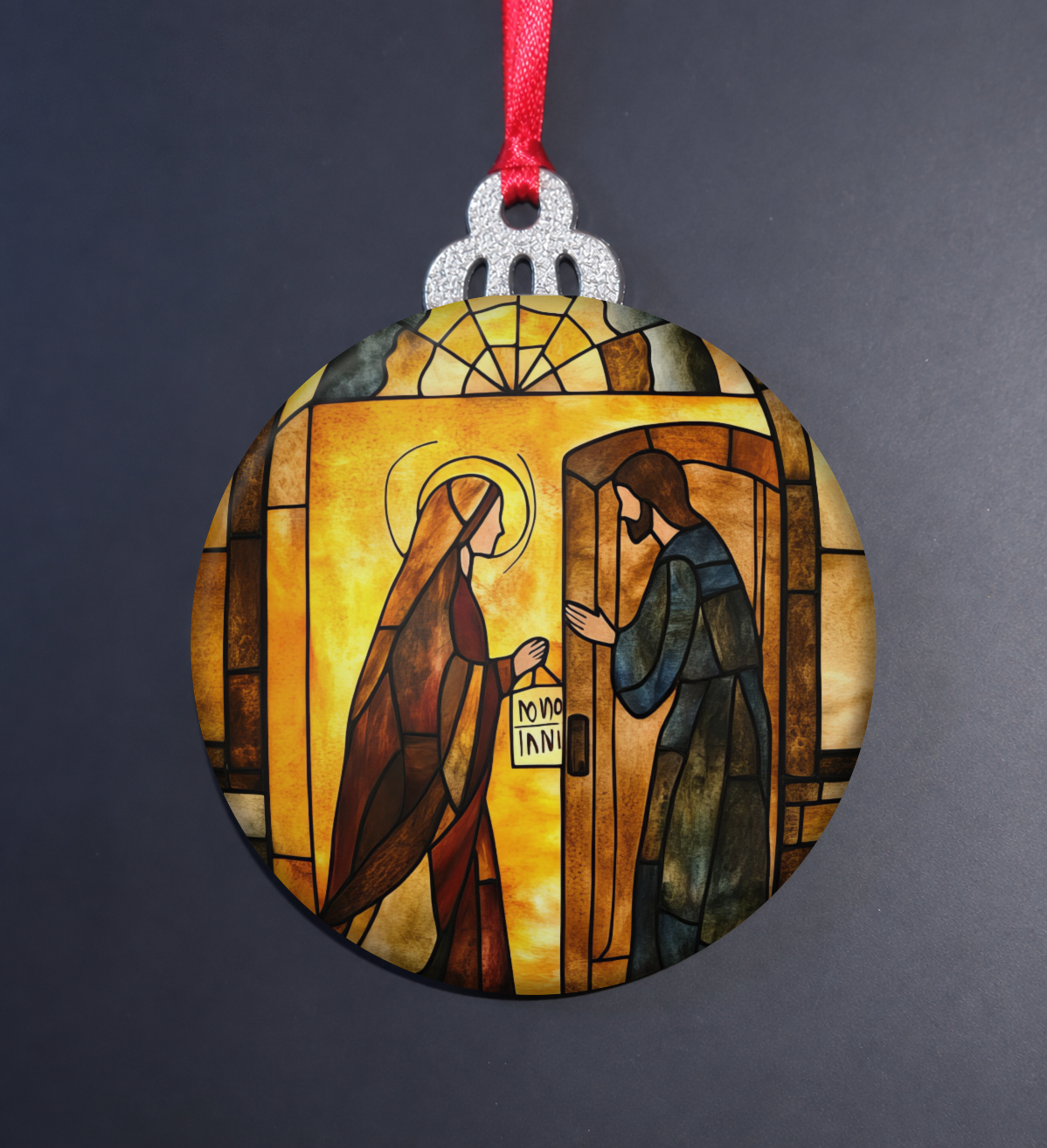 Stained Glass No Room at the Inn Wooden Christmas Ornament